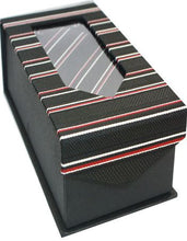 Load image into Gallery viewer, Black, Red, and Silver Striped Tie Set
