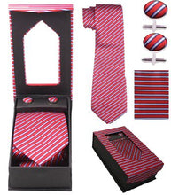 Load image into Gallery viewer, Red and White Striped With Black Lining Tie Set
