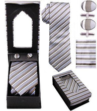 Load image into Gallery viewer, Silver and Dark Grey Stripes Tie Set
