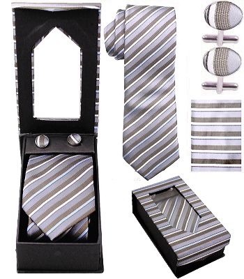 Silver and Dark Grey Stripes Tie Set