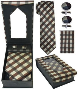 Beige and Brown Cross Hatch Tie Set