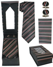 Load image into Gallery viewer, Black, Red, and Silver Striped Tie Set
