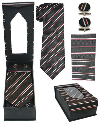 Black, Red, and Silver Striped Tie Set