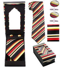 Load image into Gallery viewer, Black, Yellow, Red Striped Tie Set
