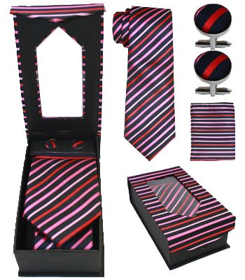 Red, Pink, and Black Striped Tie Set