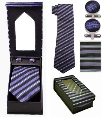 Purple and Black Striped Tie Set